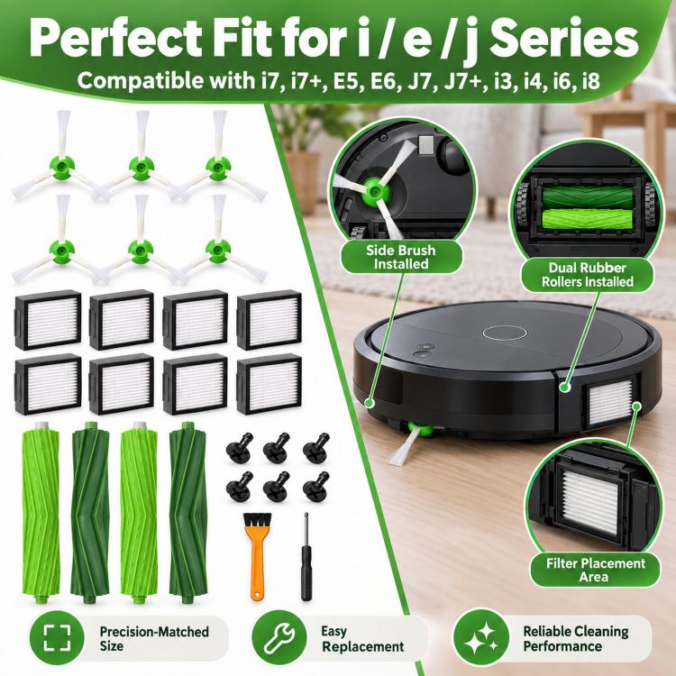 Kit di ricambio per iRobot Roomba i7 / i7+ / E5 / E6, include 4 spazzole in gomma, 8 filtri e 6 spazzole laterali., 2+8+6