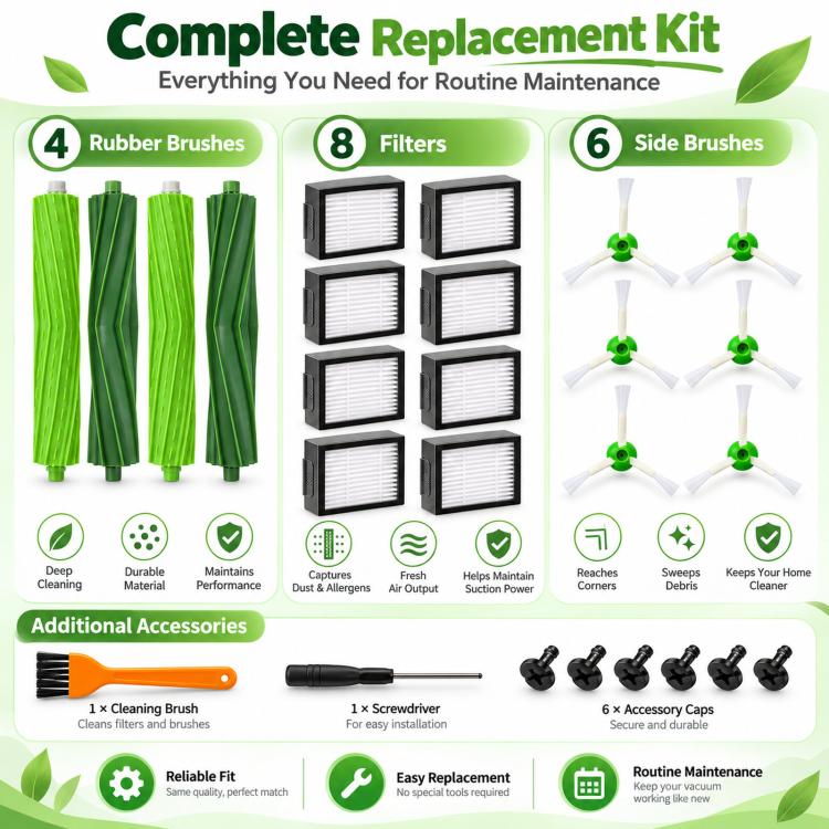 Kit di ricambio per iRobot Roomba i7 / i7+ / E5 / E6, include 4 spazzole in gomma, 8 filtri e 6 spazzole laterali., 2+8+6
