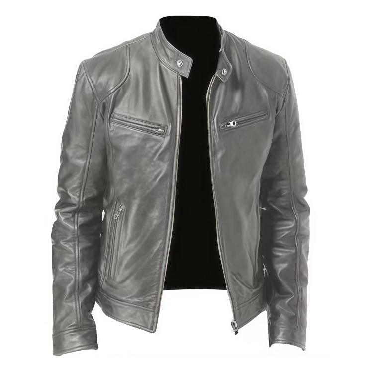 Giacca invernale da moto in PU con multitasche, collo alto e cerniera., 5XL