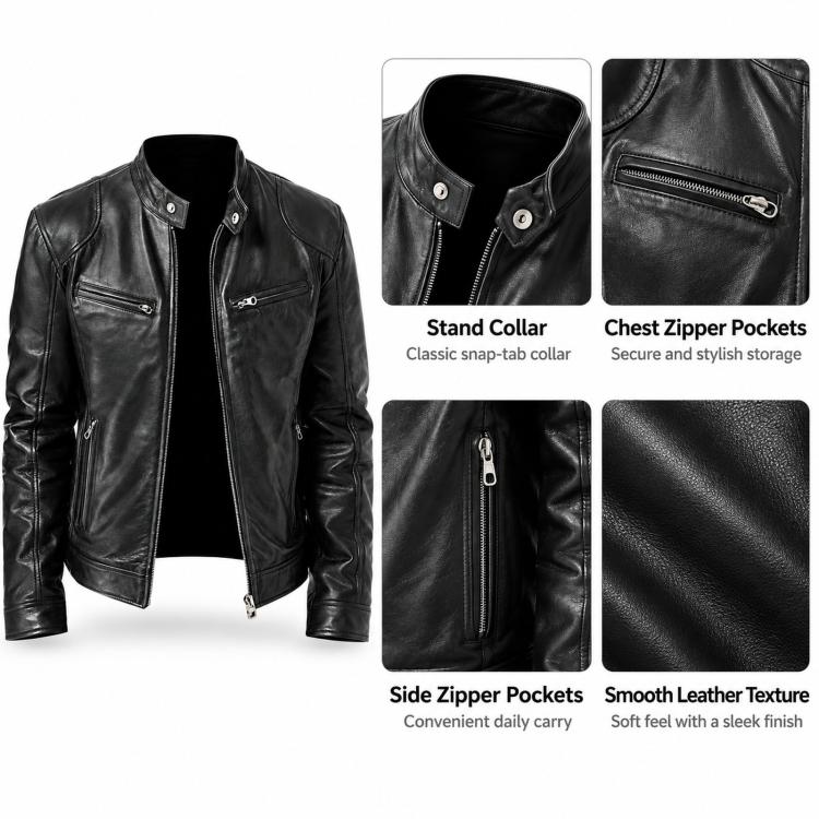 Giacca invernale da moto in PU con multitasche, collo alto e cerniera., 5XL