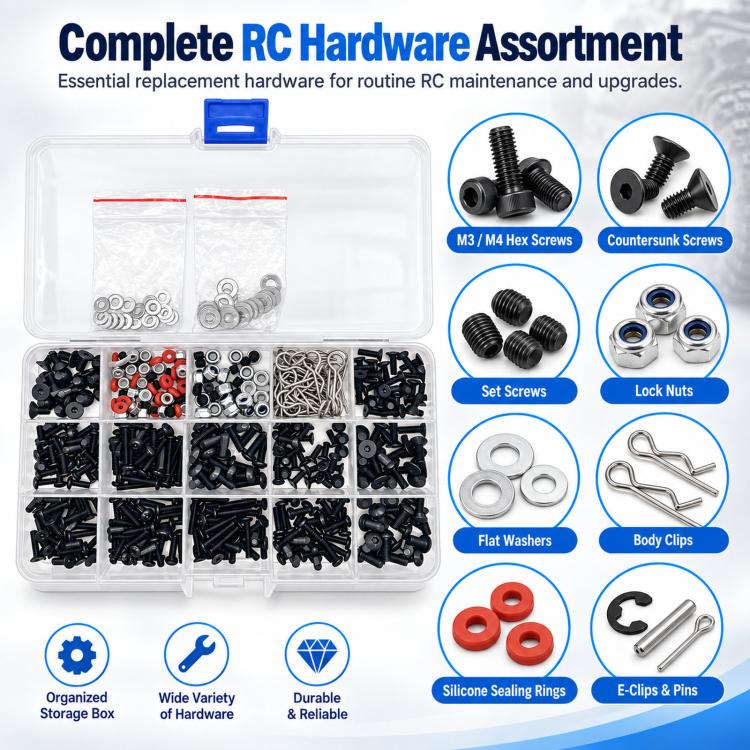 Kit di viti per auto RC da 520 pezzi/scatola, viti esagonali M3 e M4, dadi di bloccaggio, clip per carrozzeria, set per crawler RC in scala 1/10 e 1/8.