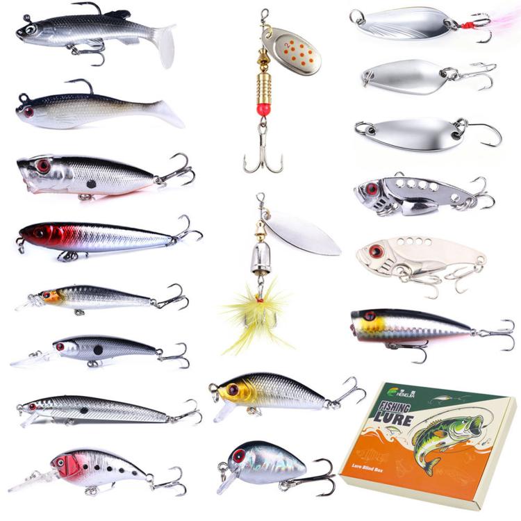 Kit di esche da pesca HENGJIA da 18 pezzi/scatola, esche rigide e morbide di vario tipo, set da pesca in scatola
