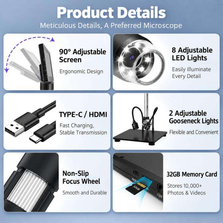 10.1 Inch Screen 20MP Digital Microscope 1500X Magnification HDMI-Compatible Output With 32GB SD Card