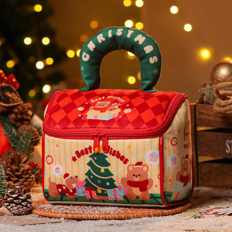 Christmas House Gift Bag Zippered Holiday Treat Candy Tote with Plush Handle