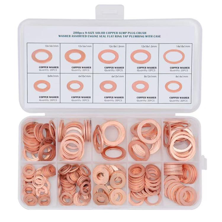 200 PCS/Box M5-M14 Solid Copper Washer Assortment Kit Metric Crush Washers Sealing Flat Rings Set, Copper Washer