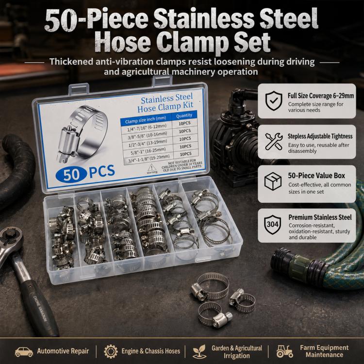 50 PCS/Box Stainless Steel Hose Clamp Kit Adjustable Worm Gear Hose Clamps Assortment Set