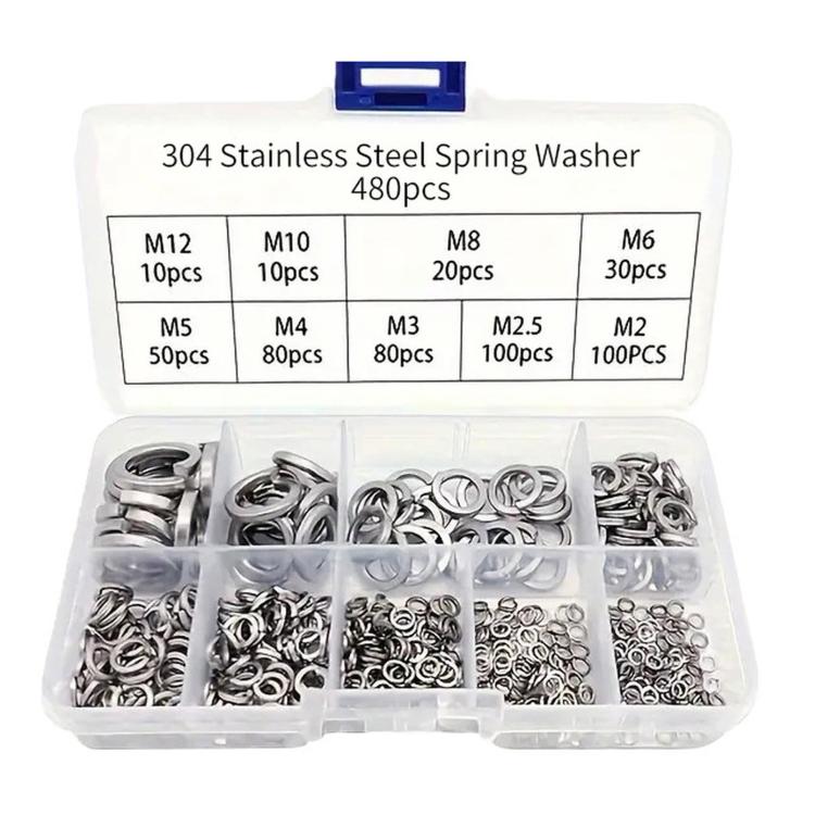 304 Stainless Steel Spring Lock Washer Assortment Kit Metric M2-M12 Split Lock Washers, 480 PCS/Box