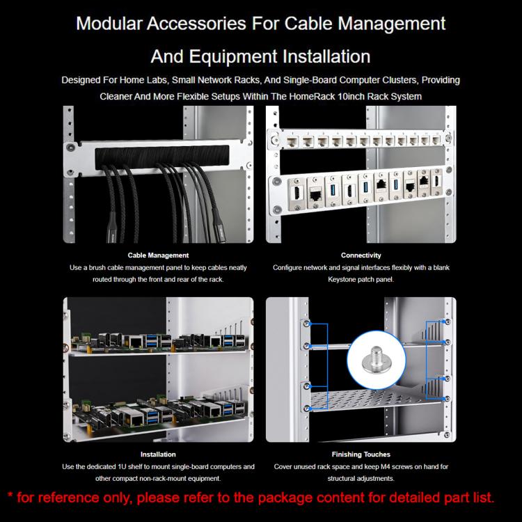 WAVESHARE For HomeRack 10 inch Cabinet Accessories, 0.5U 12-Port Blank Patch Panel, 1U 10-Port Universal Patch Panel, 1U Brush Cable Management Panel, 1U SBC Shelf, 1U Universal Large Shelf with Support Brackets, 1U Blank Panel, 50 PCS/Pack M4x6mm Screws