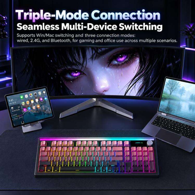 LANGTU L99 Gaming Keyboard 98 Keys Silent Membrane RGB Keyboard With Smart Display, Wired White Pudding, Wired BlackBerry, Wired Frosted Peach, Tri-Mode 5000mAh BlackBerry, Tri-Mode 5000mAh Frosted Peach, Tri-Mode 12000mAh BlackBerry                   ...