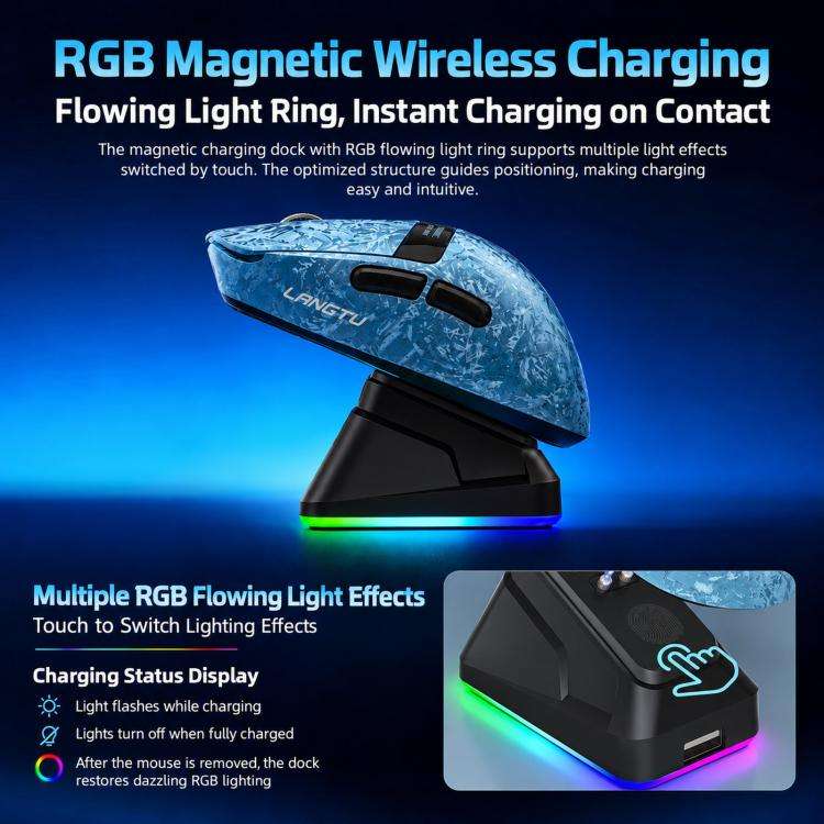 LANGTU M8-LED-Pro Tri-Mode Wireless Gaming Mouse With LED Display & RGB Charging Dock, Black Carbon Fiber Pattern Dual 1K, Silver Carbon Fiber Pattern Dual 1K, Blue Carbon Fiber Pattern Dual 8K
