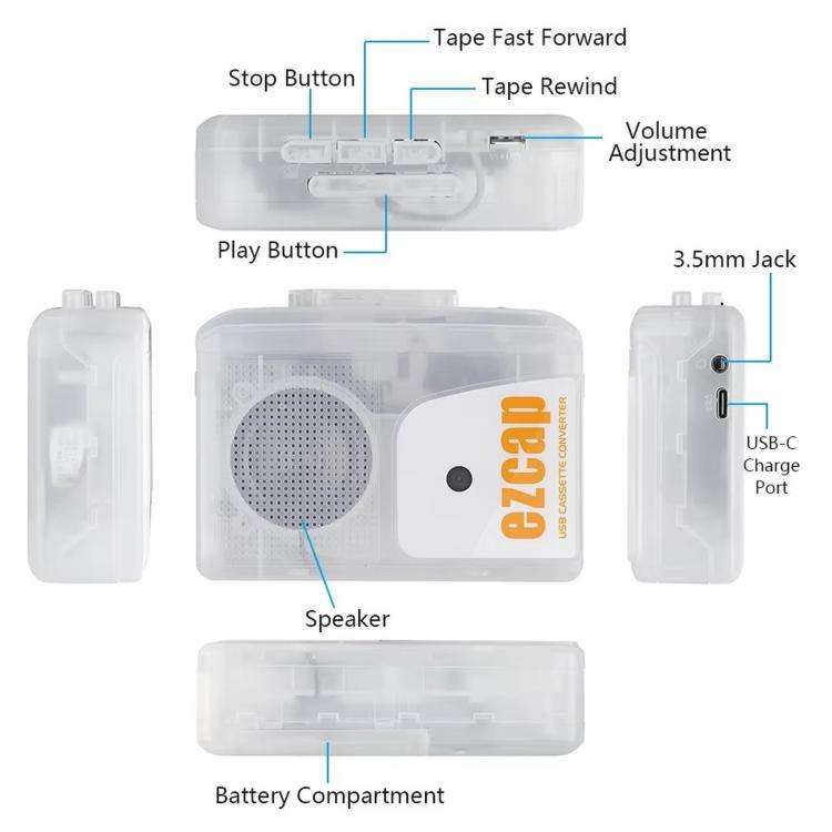 Ezcap249 Portable Cassette Player Tape To MP3 Converter Built-In Speaker 3.5mm Jack Walkman, Ezcap249