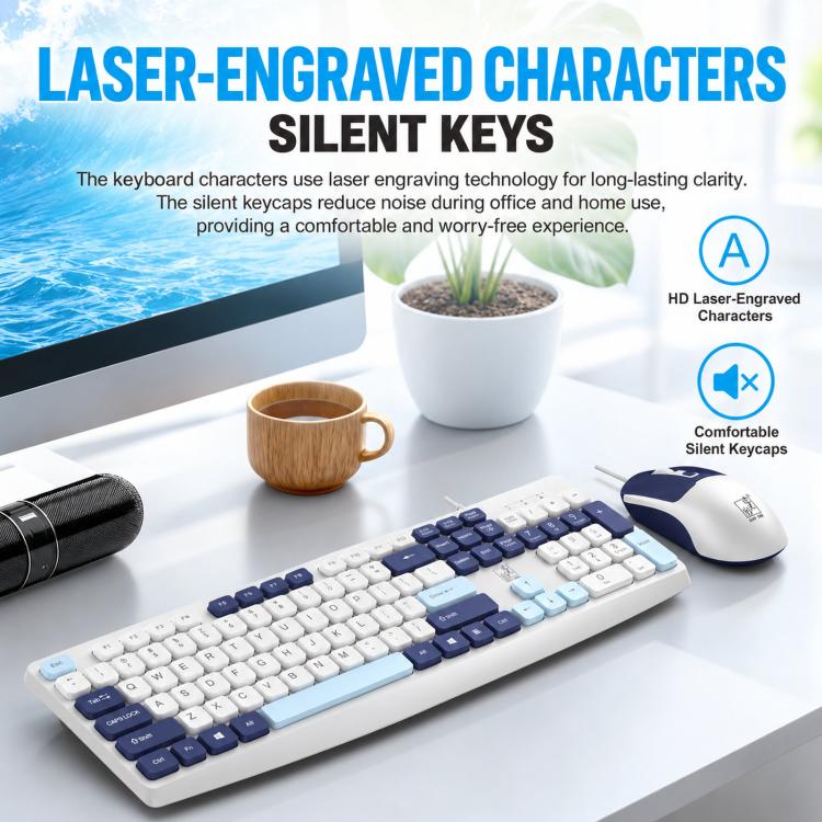 ZGB Q9Pro Wired Color Block Keyboard Mouse Combo, Silent Ergonomic 105 Keys Set with 1600 DPI Mouse