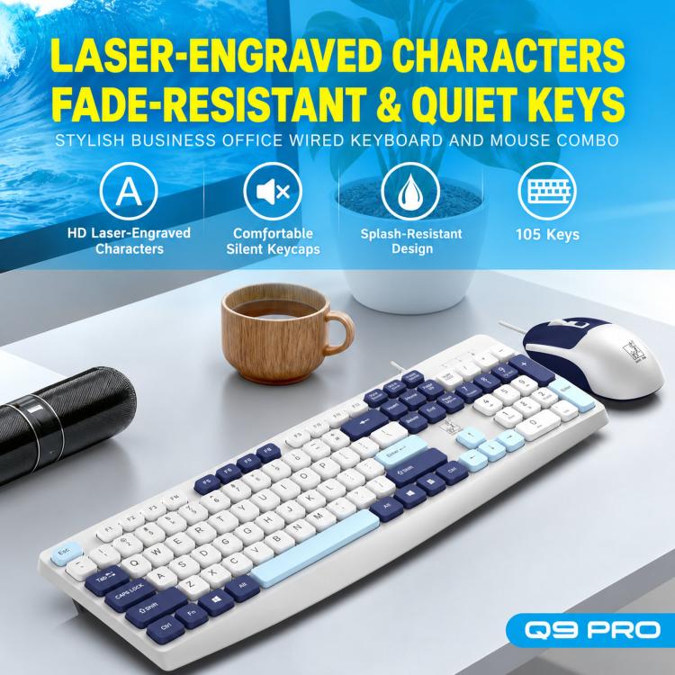 ZGB Q9Pro Wired Color Block Keyboard Mouse Combo, Silent Ergonomic 105 Keys Set with 1600 DPI Mouse