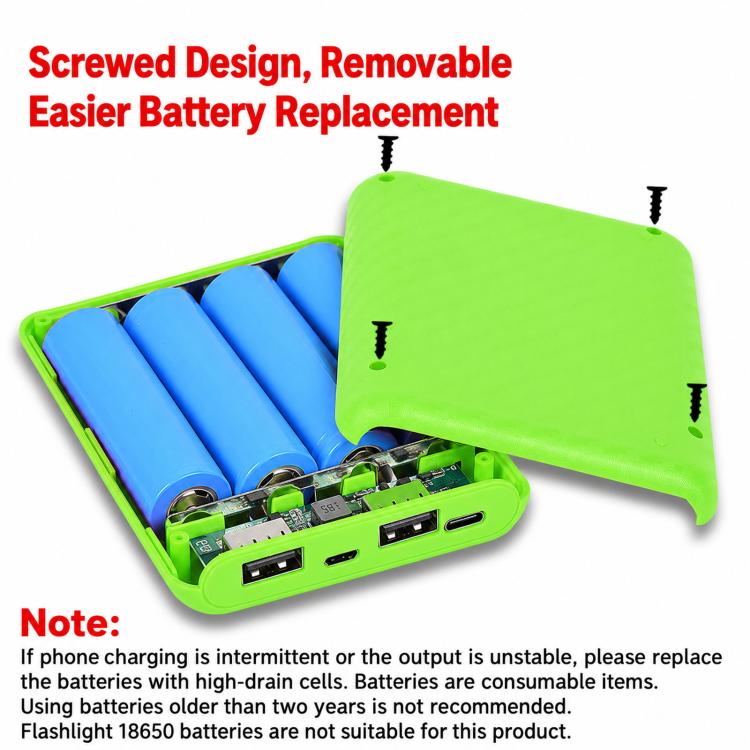 Fast-Charging Version Removable 4-Cell 18650 Battery Case Compact Power Bank Housing Kit, Batteries Not Included
