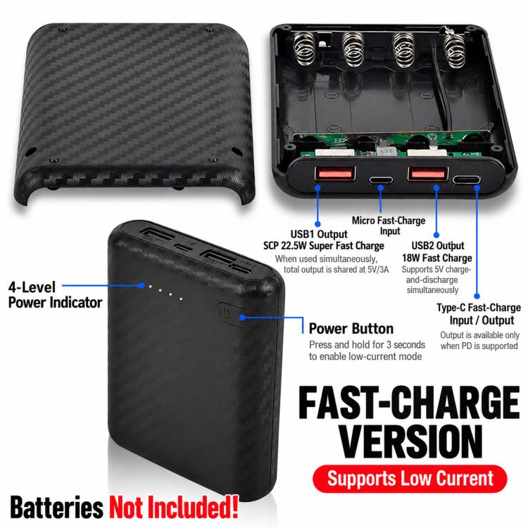 Fast-Charging Version Removable 4-Cell 18650 Battery Case Compact Power Bank Housing Kit, Batteries Not Included