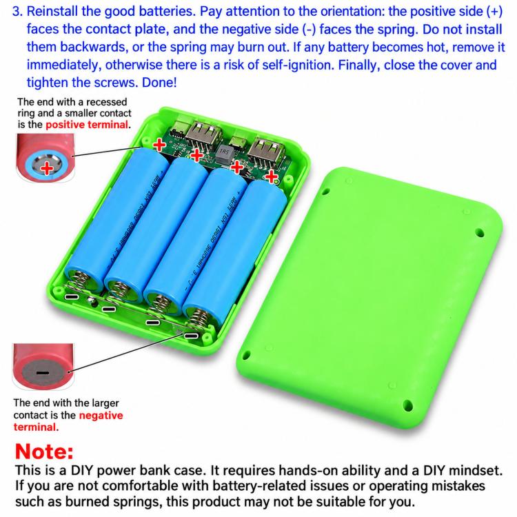Fast-Charging Version Removable 4-Cell 18650 Battery Case Compact Power Bank Housing Kit, Batteries Not Included