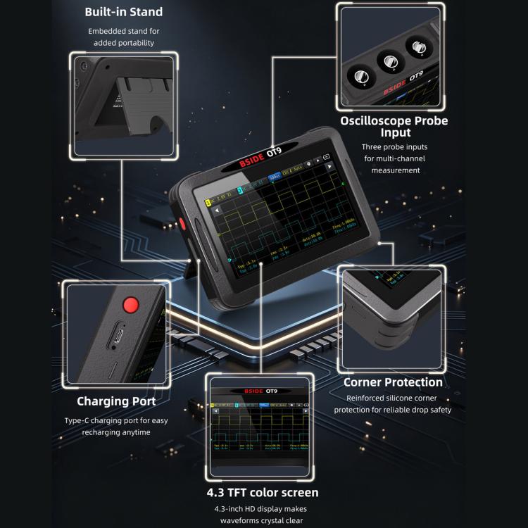BSIDE OT9 – Multimetro, oscilloscopio e generatore di segnali 3 in 1, multimetro multifunzione a doppio canale con risoluzione di 20.000 conteggi, No Storage Card, With 512M Storage Card