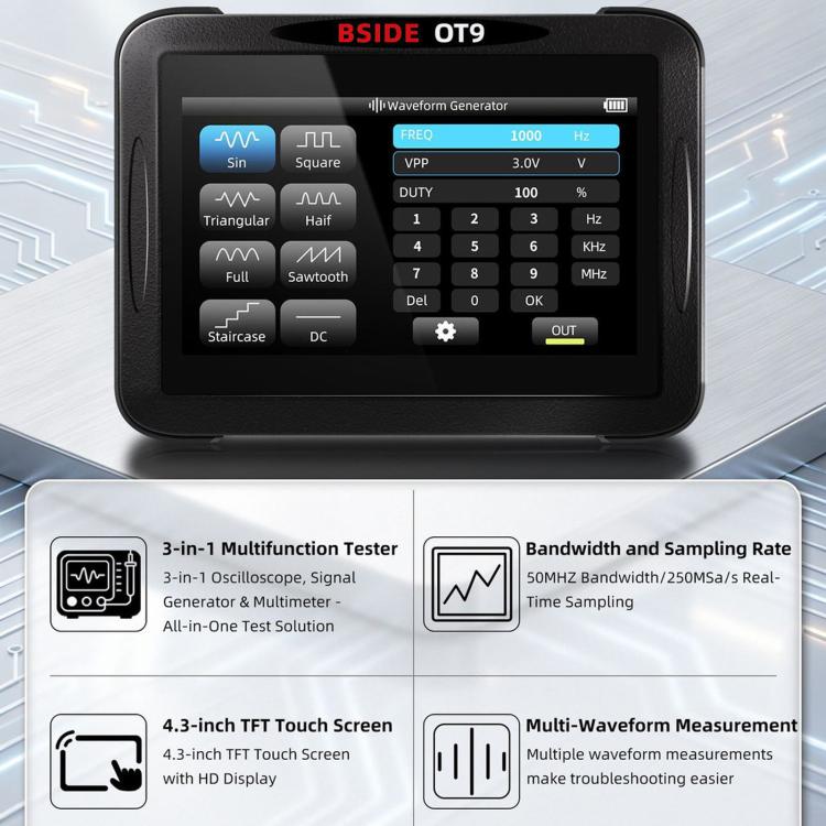 BSIDE OT9 – Multimetro, oscilloscopio e generatore di segnali 3 in 1, multimetro multifunzione a doppio canale con risoluzione di 20.000 conteggi, No Storage Card, With 512M Storage Card
