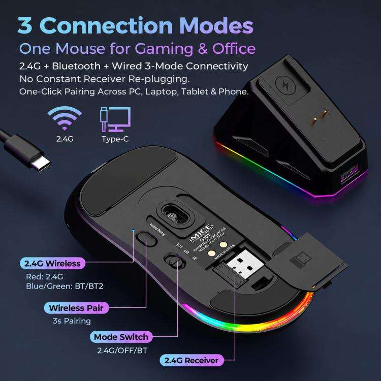 Mouse gaming iMICE G207 wireless Bluetooth, RGB e base magnetica - immagine 4