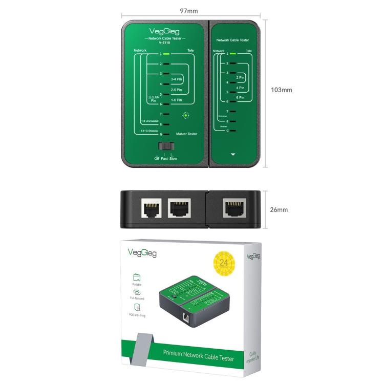VegGieg V-E110 Multifunctional Network Cable Tester RJ45/RJ11 Telephone & Network Tester, V-E110