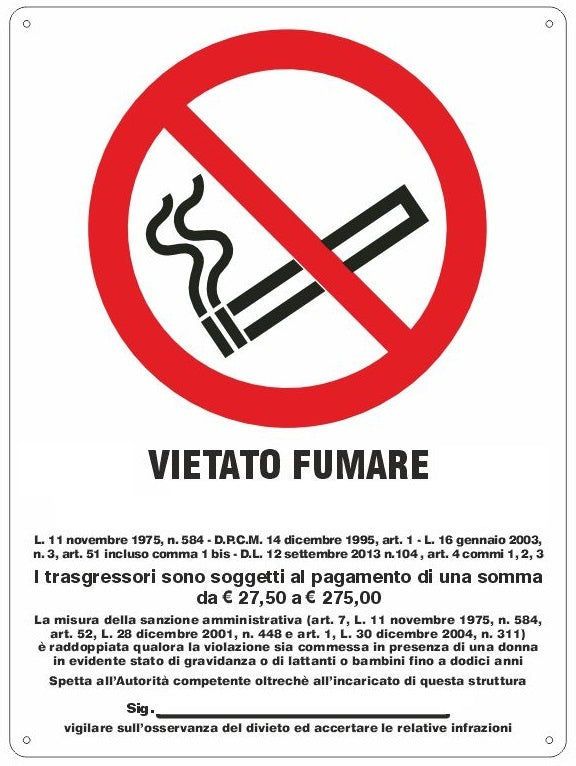 Cartello segnaletico vietato fumare con legge 20x30cm 8024814359255 WB1923