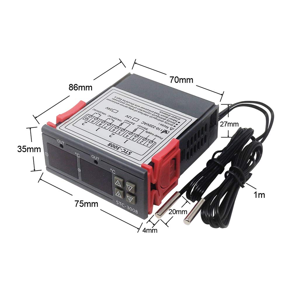 Termoregolatore DC 12V con sonda di temperatura STC-3008 WB340