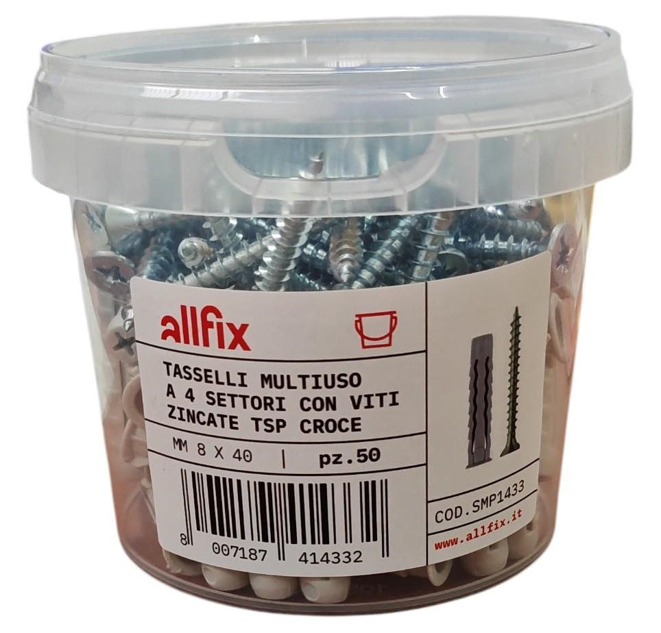 Tasselli multiuso Allfix F4V in nylon 8x40 con vite, 50 pezzi - immagine 2