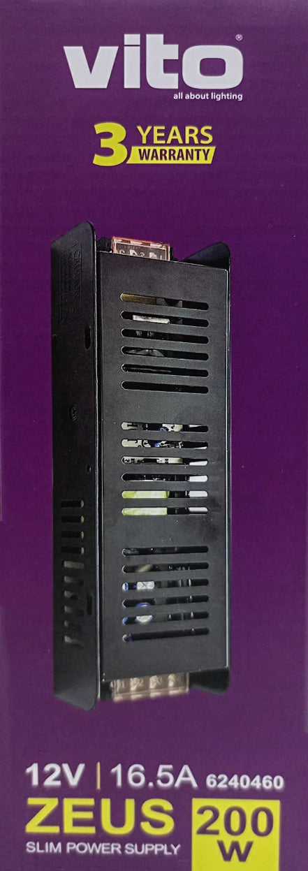 Trasformatore slim 12VDC 16.5A 200W per strisce LED