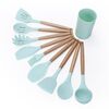 kn082 Set di utensili da cucina in silicone con manico in legno 9 in 1 con secchio (verde)