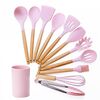 kn082 Set di utensili da cucina in silicone con manico in legno 11 in 1 con secchio (rosa)