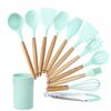 kn082 Set di utensili da cucina in silicone con manico in legno 11 in 1 con secchio (verde)