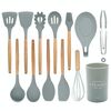 Set di posate da cucina resistenti al calore con manico in legno 13 in 1 Utensili da cucina con grande contenitore
