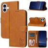 Custodia per telefono in pelle flip con motivo Happy Cat in rilievo per iPhone 16 (gialla)