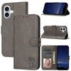 Custodia per telefono in pelle flip con motivo Happy Cat in rilievo per iPhone 16 (grigio)