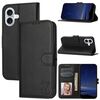 Custodia per cellulare in pelle flip con motivo Happy Cat in rilievo per iPhone 16 (nera)