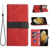 Per Samsung Galaxy S21 Ultra 5G Custodia in pelle con cuciture a griglia e cordino (rosso)