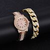 Orologio al quarzo con cinturino in acciaio letterale romano Full Diamond, colore: oro rosa + bracciale