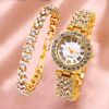 Orologio al quarzo da donna con diamanti modello romano, colore: oro + bracciale