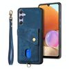 Per Samsung Galaxy S25+ 5G Retro Card Wallet Fold Custodia in pelle per telefono con cinturino (blu)