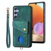 Per Samsung Galaxy S25+ 5G Retro Card Wallet Fold Custodia in pelle per telefono con cinturino (verde)