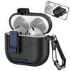 Per AirPods 4 Custodia per auricolari wireless in pelle con gancio e supporto (nero blu scuro)