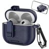 Per AirPods 3 Custodia per auricolari wireless in pelle con gancio e supporto (blu scuro)