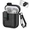 Per AirPods 1/2 Custodia per auricolari wireless in pelle con gancio e supporto (nero)