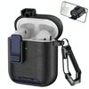 Per AirPods 1/2 Custodia per auricolari wireless in pelle con gancio e supporto (nero blu scuro)