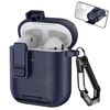 Per AirPods 1/2 Custodia per auricolari wireless in pelle con gancio e supporto (blu scuro)