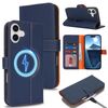 Per iPhone 16 Custodia per telefono MagSafe in vera pelle con portafoglio per carte (Litchi blu scuro)