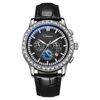 Orologio meccanico automatico Dulunwe impermeabile 30m con zircone luminoso, colore: cinturino in pelle nera 6050A