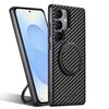 Per Samsung Galaxy S25 5G Suteni G3 Custodia per telefono con supporto in pelle e fibra di carbonio con rotazione a 360° MagSafe (nero)