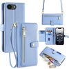 Per iPhone 16e Custodia per telefono in pelle con cerniera e tracolla con texture di pecora (blu)