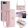 Per iPhone 16e Custodia per telefono in pelle con cerniera a tracolla con texture di pecora (rosa)